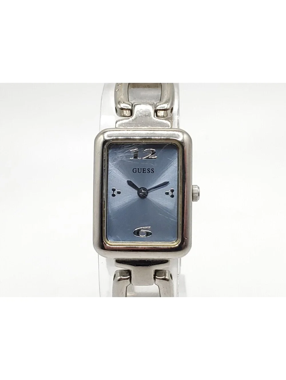 Guess Silver Tone Blue Dial Quartz Women Watch New Battery Rectangle 17mm